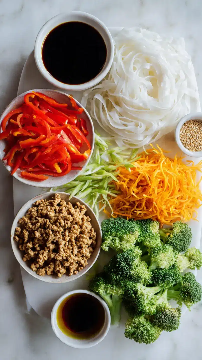 Reisnudeln mit Rindfleisch, Sojasauce und Gemüse