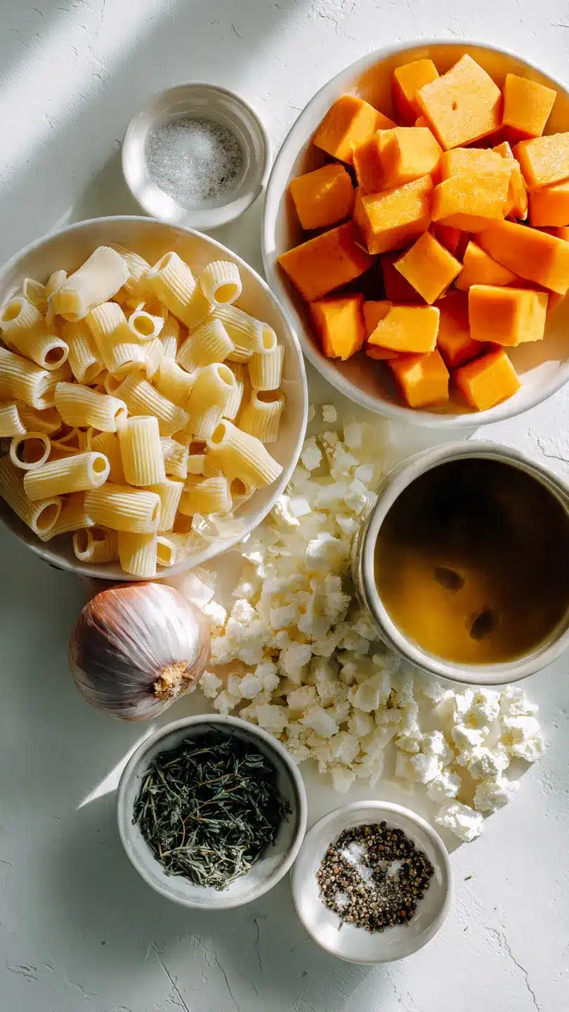 Pasta mit Kürbissoße und Feta