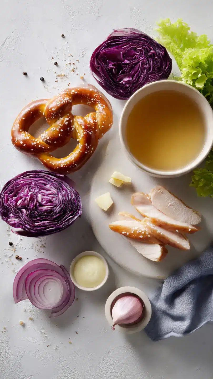 Brezenknödel mit fruchtigem Rotkohl und Speck-Sahne-Sauce