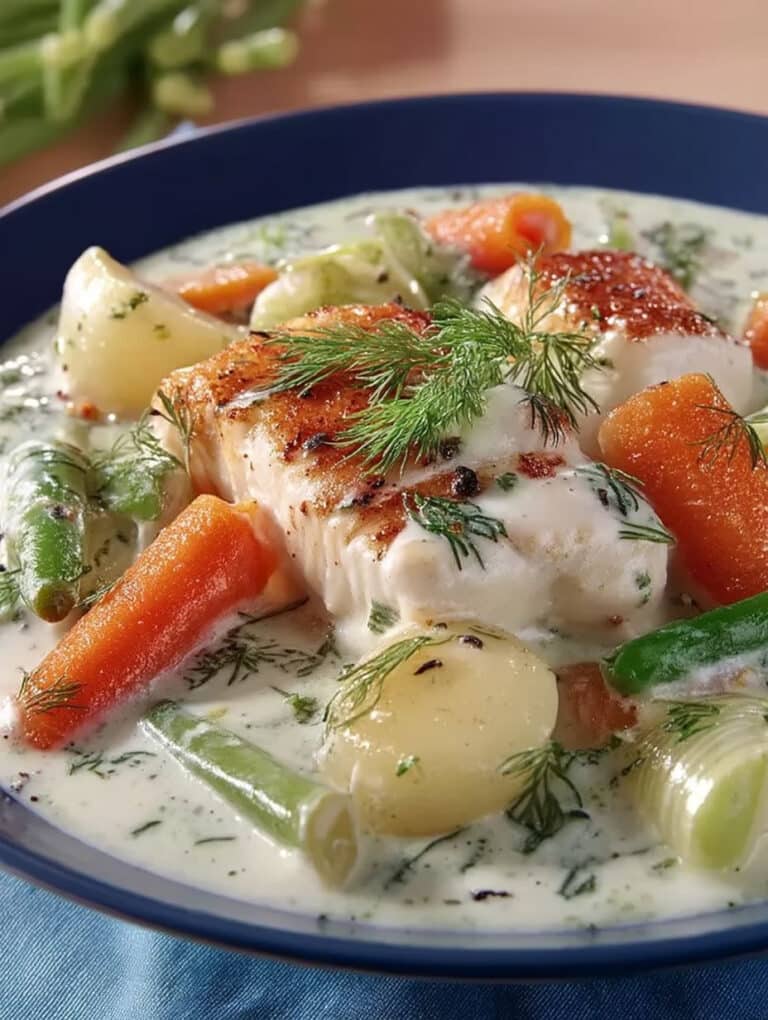 Cremiges Fischgulasch mit Möhren, Lauchzwiebeln & Dill: Schnelles & einfaches Rezept