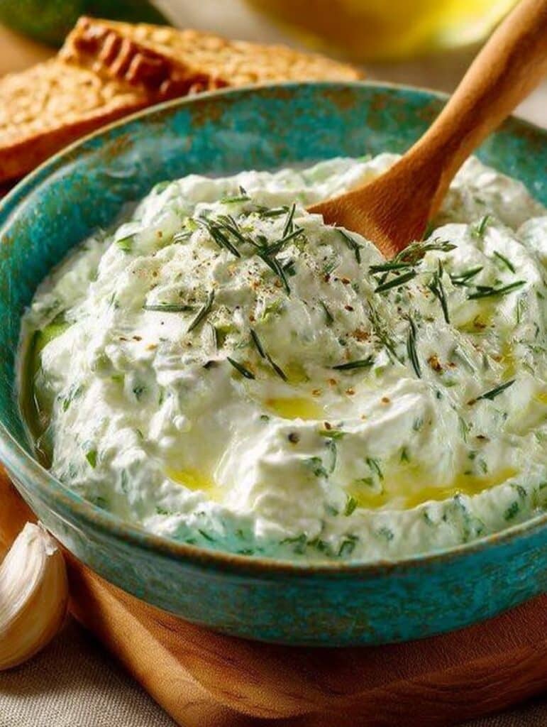 Cacik: Cremiger Joghurt-Dip mit Gurke, Knoblauch & Schafskäse – Schnelles & einfaches Rezept