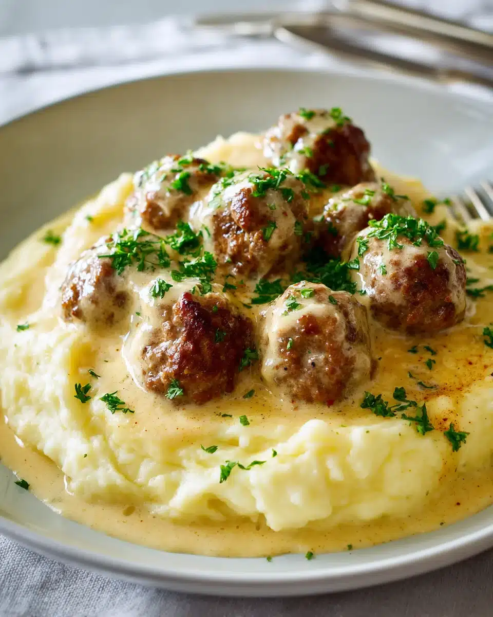 Leckere Hackbällchen in cremiger Sauce mit Kartoffelpüree 4 Leckere Hackbällchen in cremiger Sauce mit Kartoffelpüree