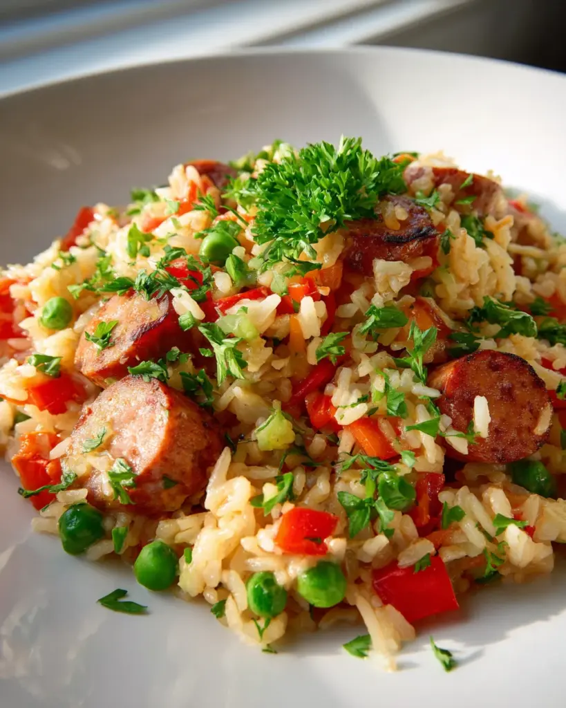 Herzhafte Rindswurst Reis Pfanne mit Gemüse und Gewürzen