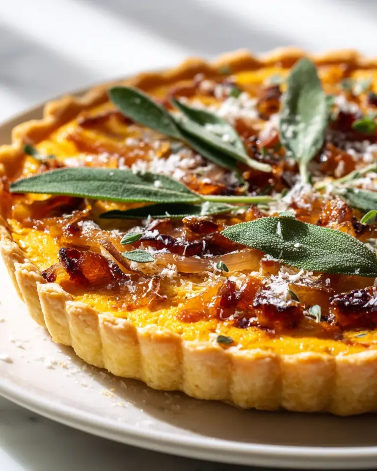 Kürbis Ricotta Tarte mit Rinder-Bacon, Salbei und Zwiebeln