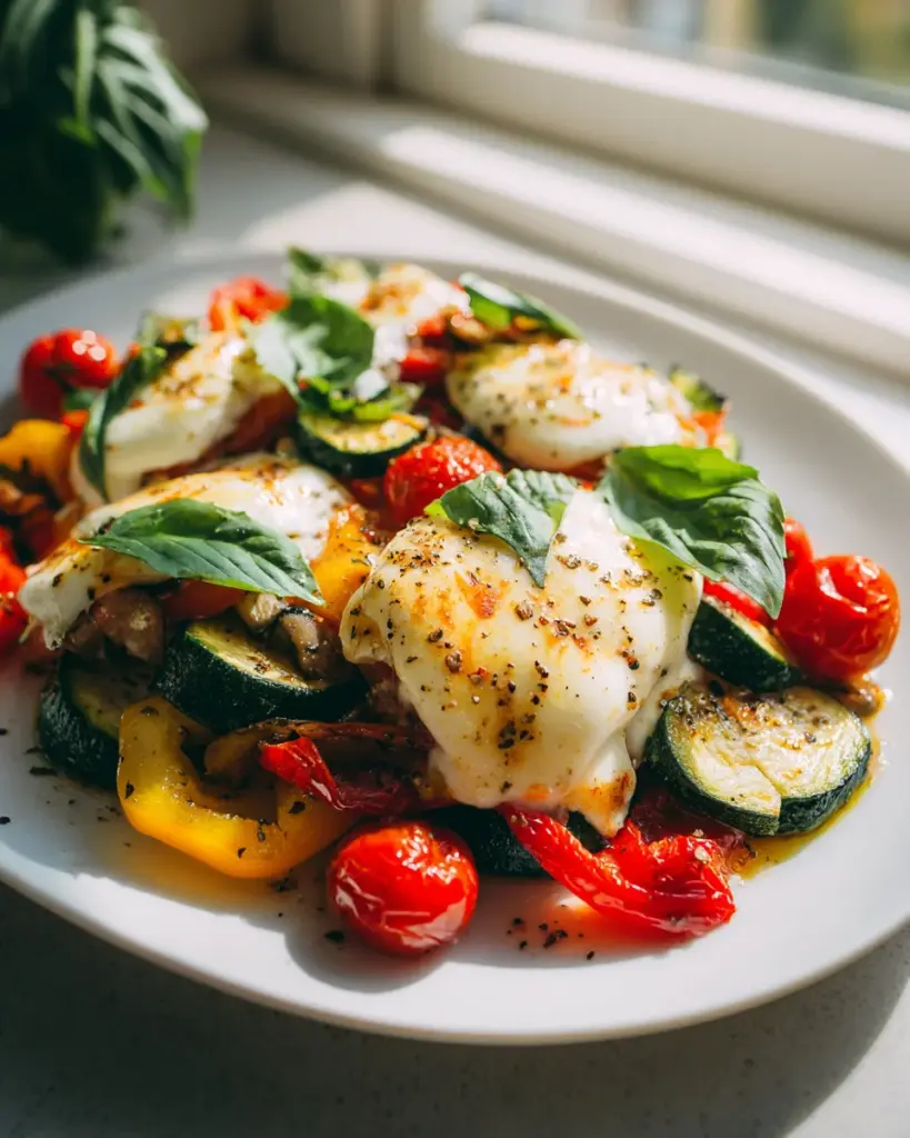 Cremiger Überbackener Mozzarella auf mediterranem Ofengemüse