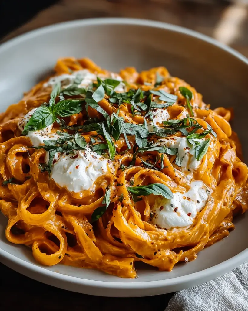 Cremige Paprika-Pasta mit Burrata und Kräutern für eine herzhafte Mahlzeit