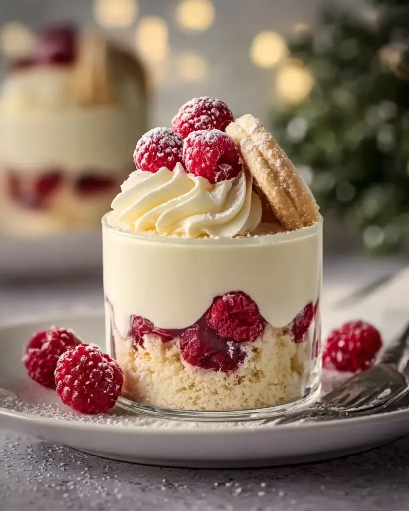 Cremiges Vanillekipferl-Dessert mit Himbeeren im Glas – Einfaches Weihnachtsdessert