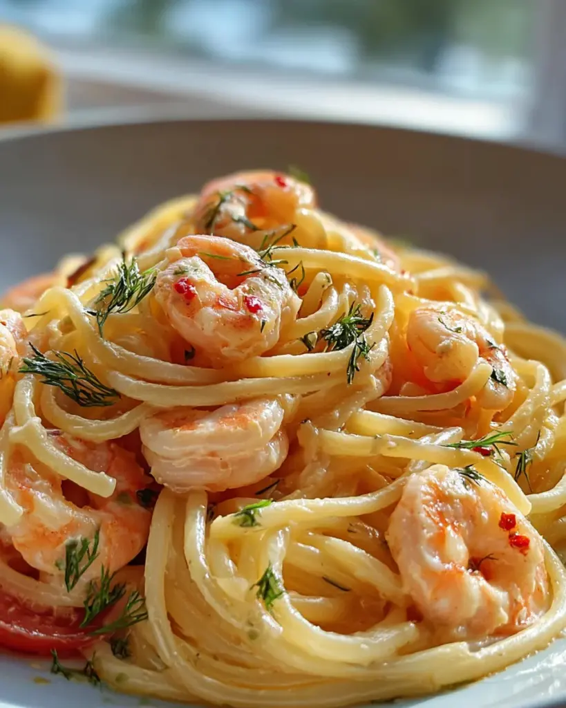 Spaghetti mit Garnelen in cremiger Frischkäsesauce genießen