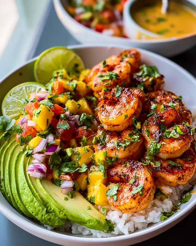 Shrimp-Avocado-Bowls mit Mango-Salsa und Limetten-Chili-Sauce