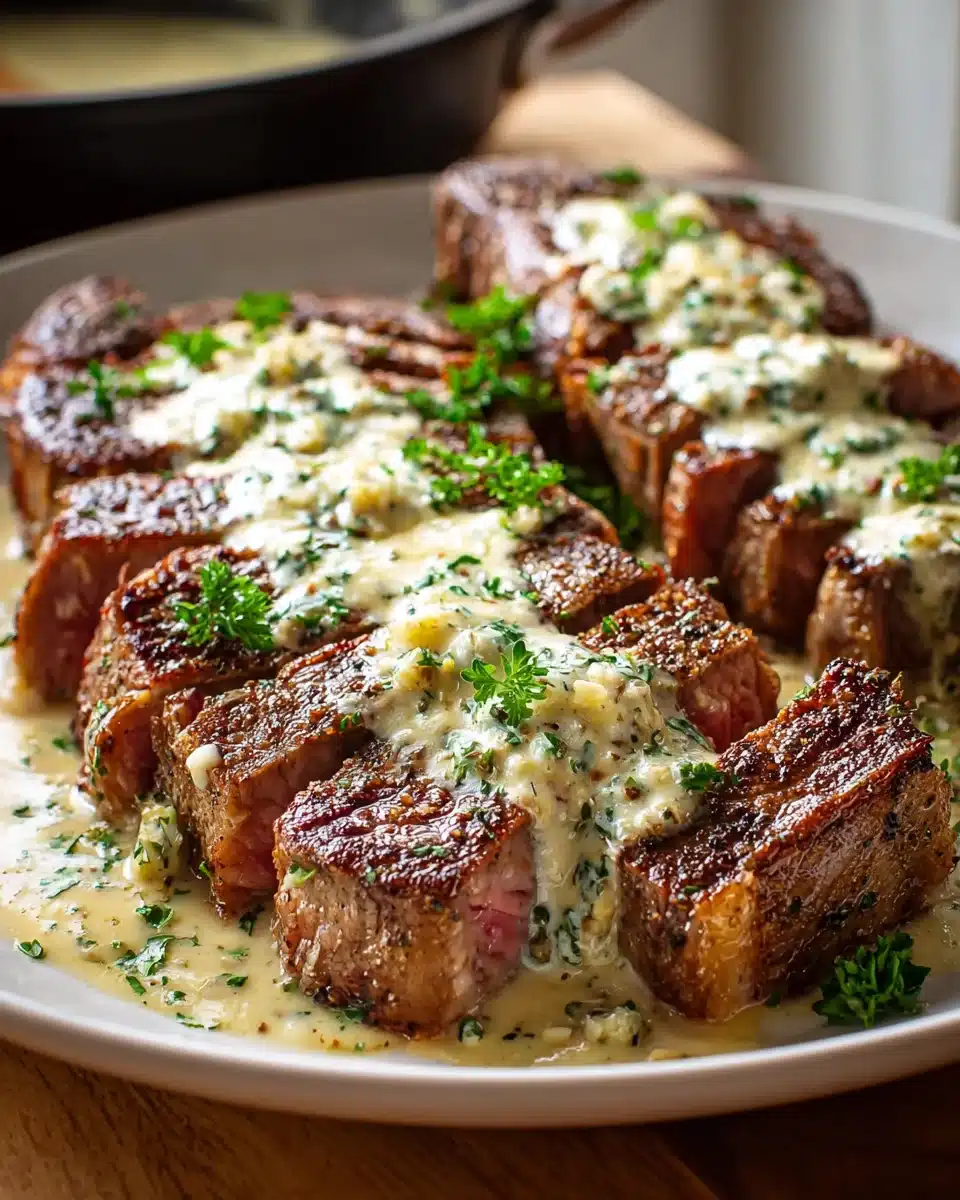 Knoblauchbutter-Steak mit Parmesan-Cremesauce – Rezept genießen!