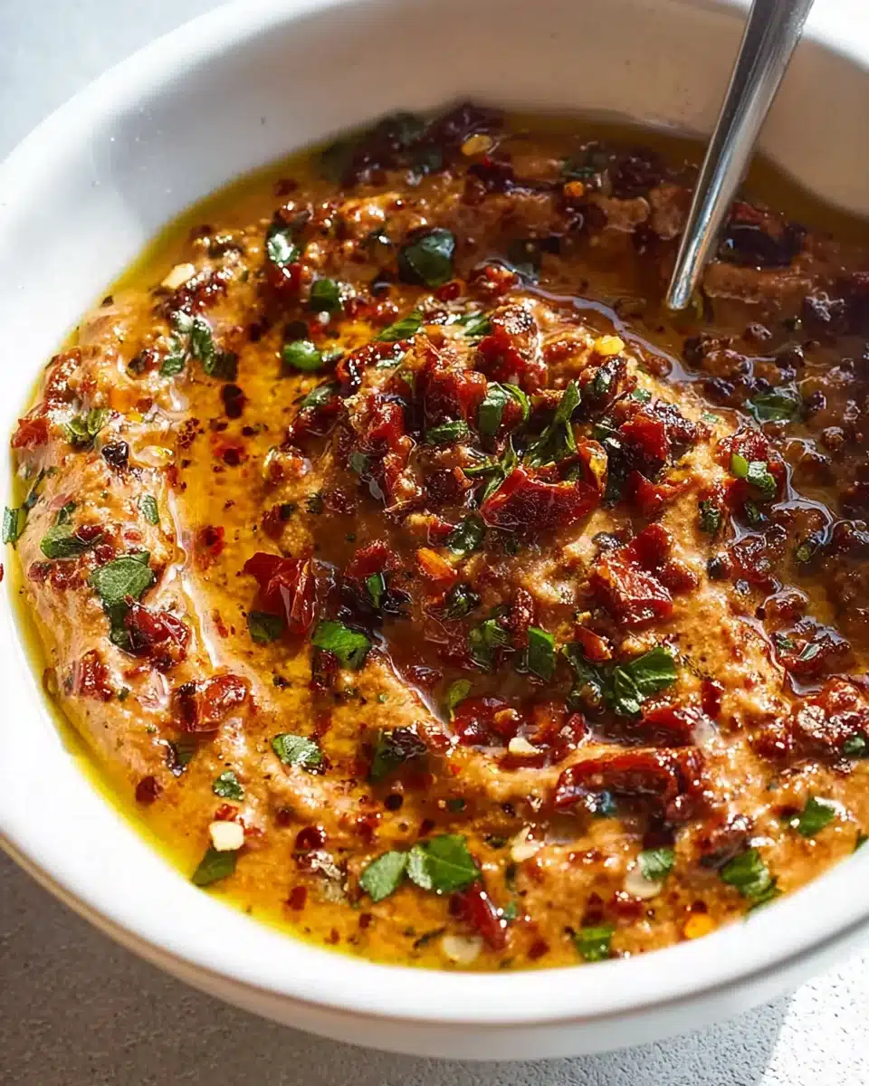 Mediterraner Dip mit getrockneten Tomaten und Knoblauchöl