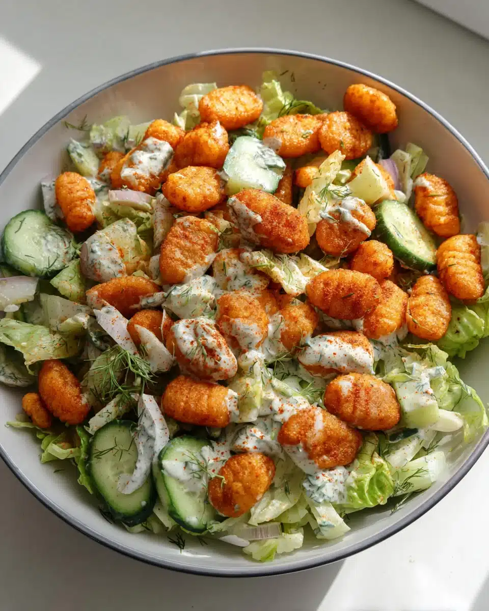 Knuspriger Gnocchi Salat mit Joghurt Dressing genießen!
