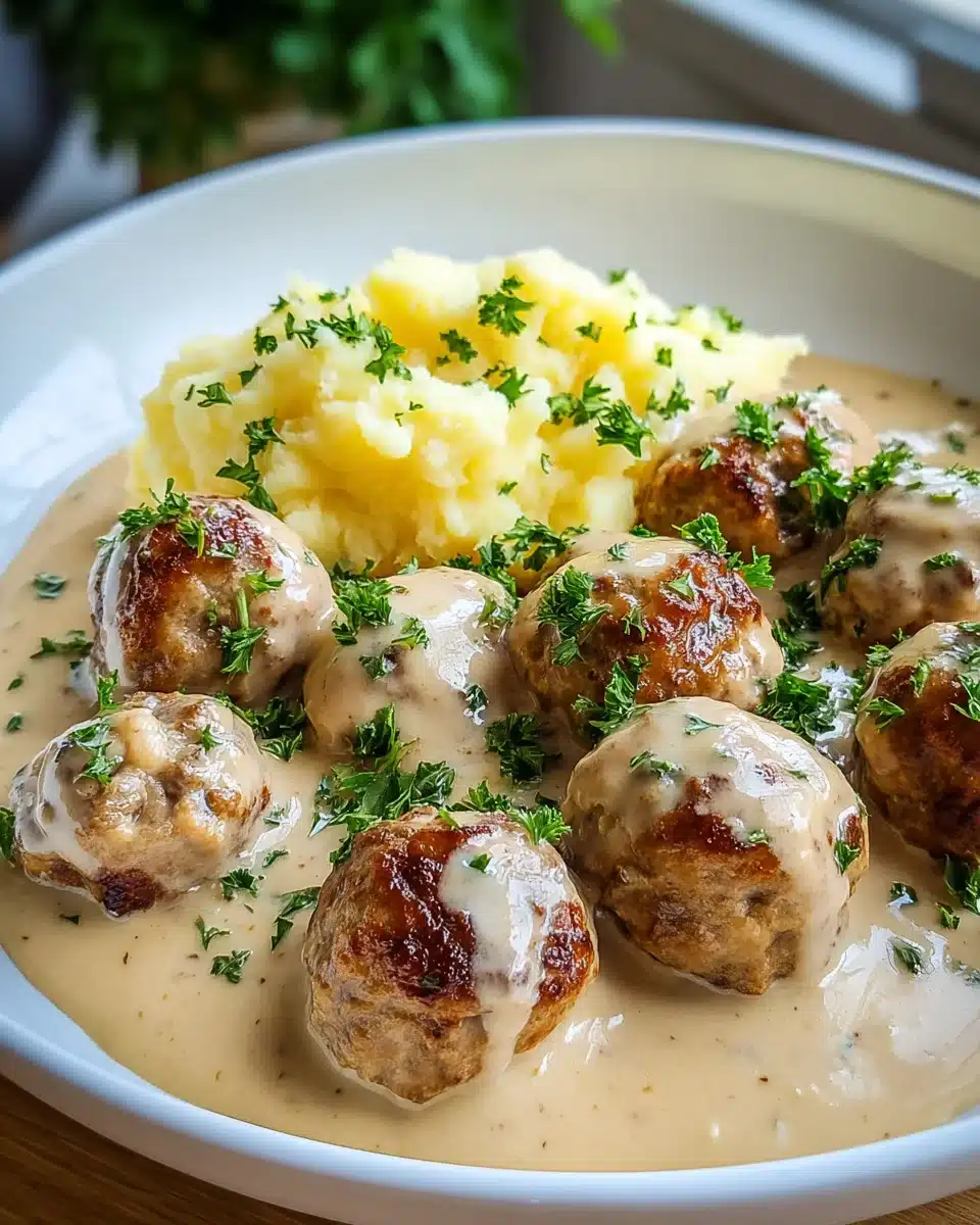 Hackbällchen in cremiger Sauce mit Kartoffelpüree Rezept 4 Hackbällchen in cremiger Sauce mit Kartoffelpüree Rezept