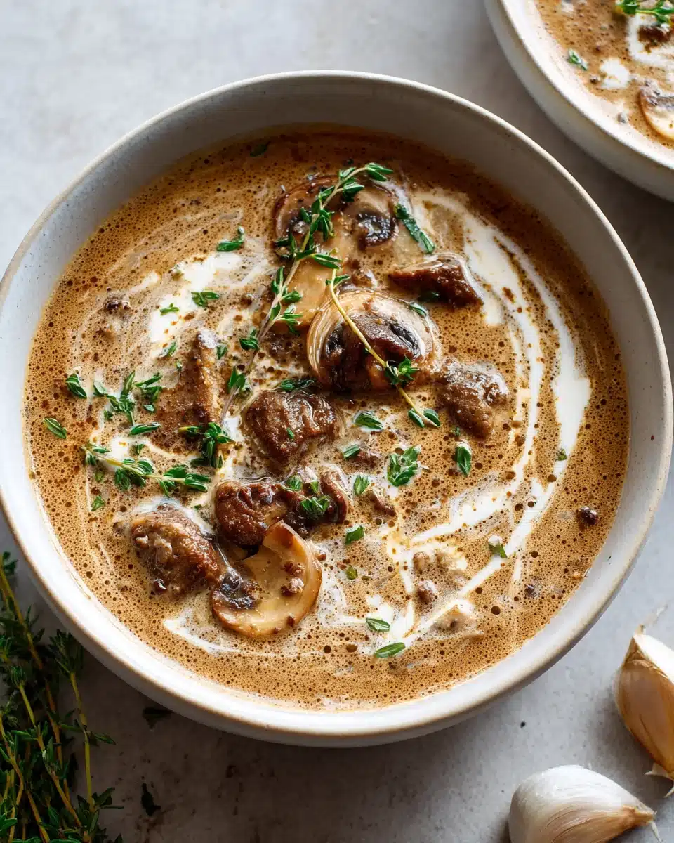 Cremige Rinder-Champignon Suppe mit Knoblauch & Thymian 4 Cremige Rinder-Champignon Suppe mit Knoblauch & Thymian